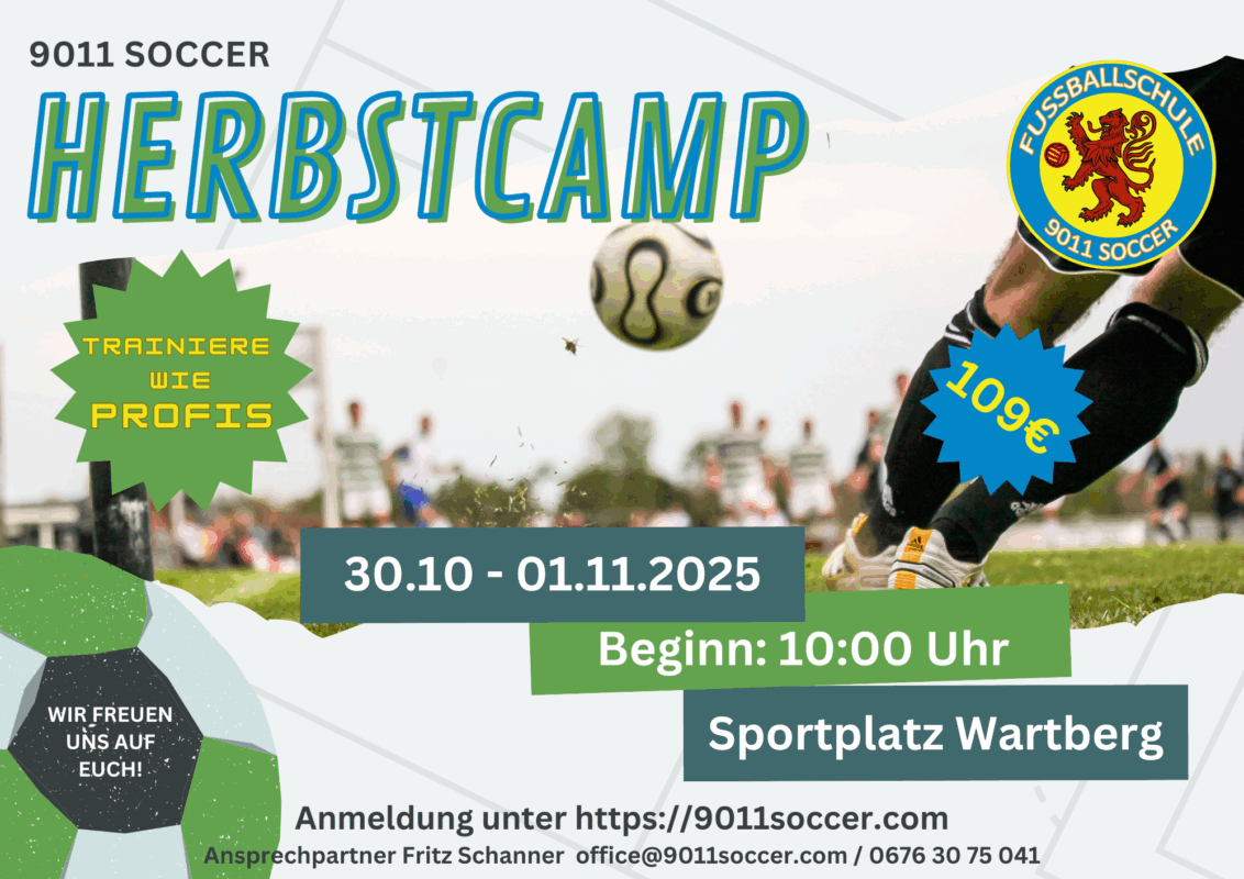 Fußballcamp in Wartberg für Kinder und Jugendliche im Herbst 2025 – Techniktraining, Spielformen und Teamgeist beim 9011 Soccer Herbstcamp vom 30. Oktober bis 1. November. Jetzt anmelden und optional Camp-Shirt sichern.