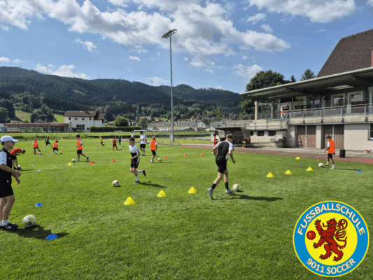 20 fußballbegeisterte Kinder beim 9011 Soccer Sommercamp in Wartberg im Juli 2025 – Techniktraining, Tormann-Session mit Richard Strebinger und viel Teamgeist auf dem Platz des SC St. Barbara Juniors.